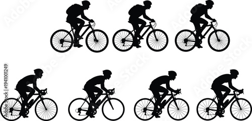 Cyclist silhouette collection, bicycle rider sport action poses set, road cycling athlete figures isolated, biking movement illustration pack