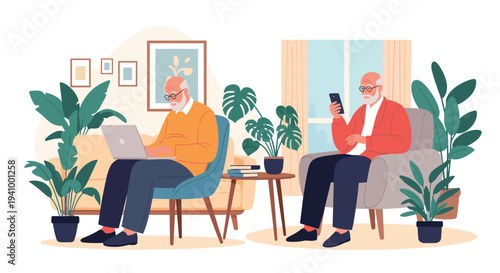 Two senior men enjoy their time at home while one uses a laptop and the other looks at a smartphone in a cozy living room.