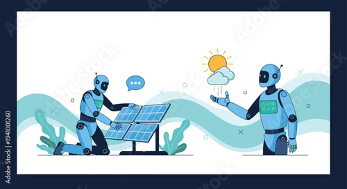 Two blue futuristic robots collaborate to maintain and monitor a set of solar panels under a stylized sun and clouds.