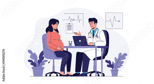 Pregnant woman sits across from a male doctor in his office while they review medical charts and use a laptop for a checkup.