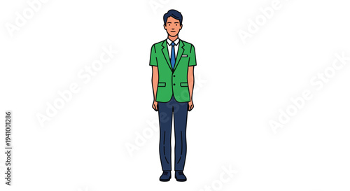 Stylized illustration of a man in a sharp green blazer and blue trousers, standing formally against a blank background, conveying professionalism