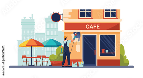 Male worker in overalls painting the exterior wall of a local cafe while standing on a sidewalk in a city setting.