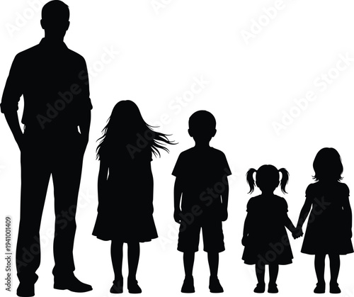 Father and children silhouettes collection, family members standing together, parent with kids figures isolated, parenting and childhood concept illustration
