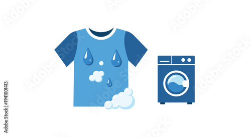 A blue t-shirt with water droplets and soap bubbles placed next to a blue front loading washing machine icon on a plain white background.