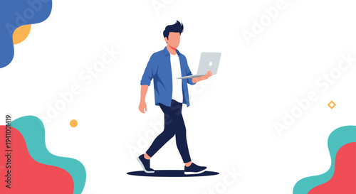 Young man walking forward while focused on his laptop screen against a colorful abstract background with fluid shapes.