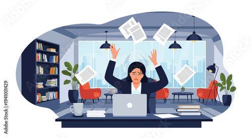 Stressed businesswoman sitting at her office desk with a laptop while papers fly around her in a chaotic workspace.