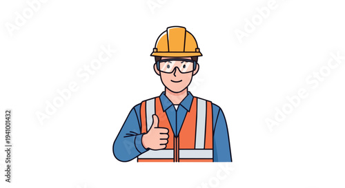 A cheerful construction worker in protective gear gives a thumbs-up, signifying approval and safety compliance in the workplace.