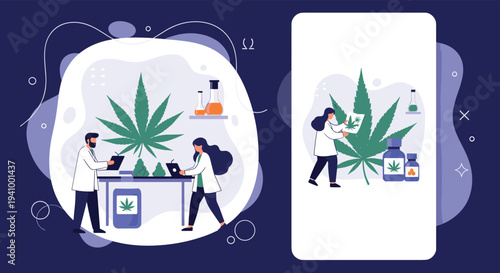 Professional scientists in white coats researching cannabis plants in a laboratory setting with test tubes and digital equipment.