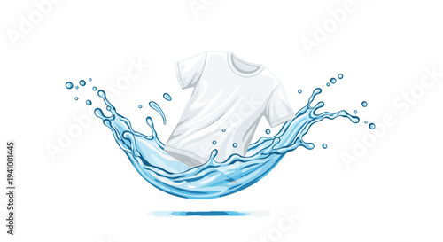 A white cotton t-shirt floats above a dynamic blue water splash with droplets against a plain white background.