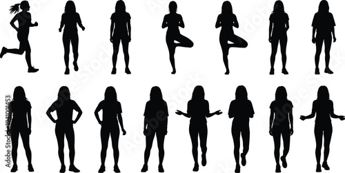 Female silhouettes collection showing running standing yoga walking poses isolated on white background woman fitness activity people vector set