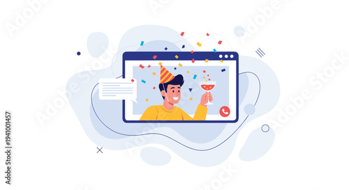 Happy young man wearing a party hat celebrating with a drink during a virtual birthday party on a computer screen.