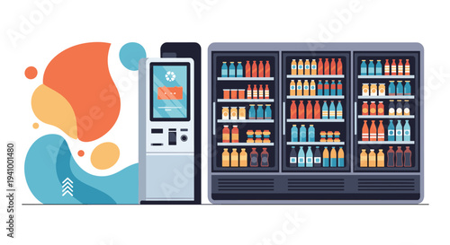 Modern automated vending machine standing next to a large refrigerated display case filled with colorful bottled drinks.