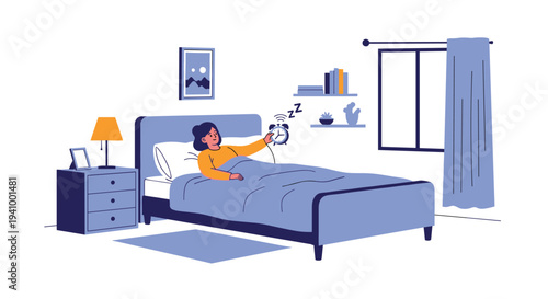 Young woman reaching out to turn off a ringing alarm clock while waking up in her cozy bedroom in the morning.
