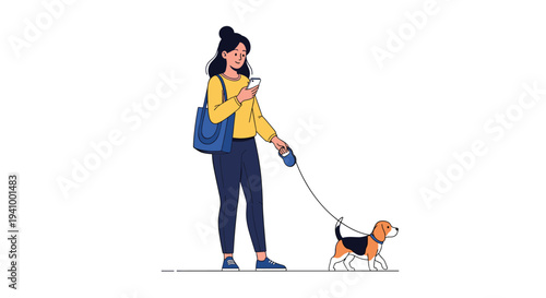 Young woman walking her beagle dog on a leash while focused on her smartphone screen against a white background.
