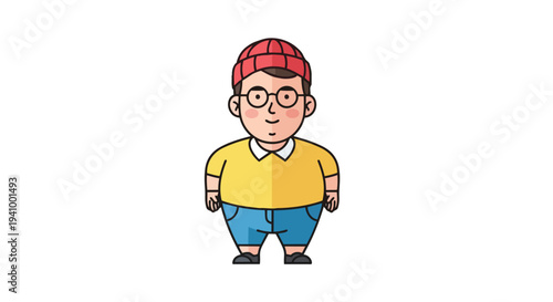 A charming cartoon character with a bright yellow shirt, blue shorts, and a red beanie, sporting round glasses and a friendly smile