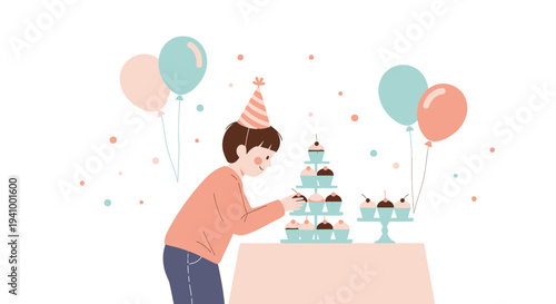 Boy in Party Hat Arranging Cupcakes on Tiered Stand at Birthday Celebration