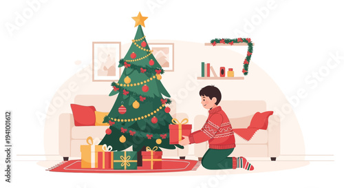 Boy placing gift box under decorated Christmas tree with presents in cozy living room