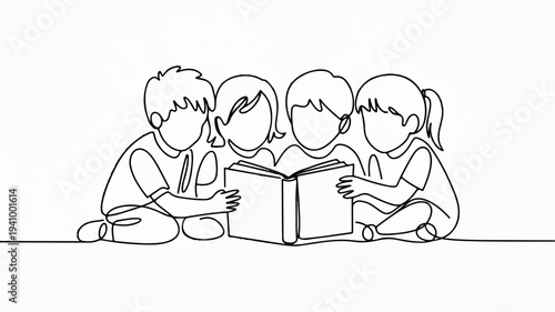 Three children sitting together reading a book in a line drawing style with minimal facial features