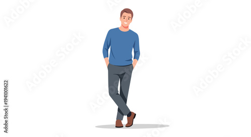 Casual young man with hands in pockets and crossed legs, posing confidently with a slight smile on a clean white background