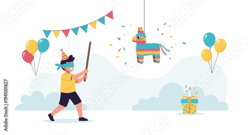 Boy with blindfold hitting piñata at birthday party with balloons and confetti
