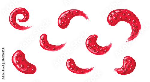 Eight red organic curved shapes with dark circular spots and textured brush stroke ends are scattered across a white background.