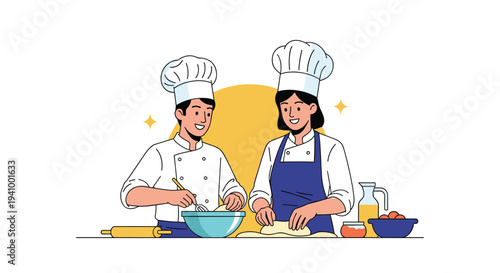 Male and female chefs in white uniforms and hats smiling while preparing dough on a kitchen counter together.