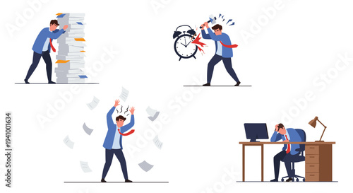Collection of scenes showing a professional businessman struggling with heavy paperwork and office fatigue.