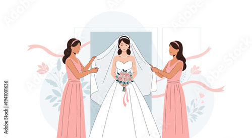 Bride and Bridesmaids Preparing for Wedding Ceremony, Holding Veil and Bouquet