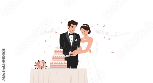 Bride and groom cutting wedding cake, celebrating marriage with confetti and flowers