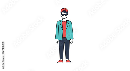 Stylish young male character with a red cap and sunglasses, wearing a casual blazer and jeans, vector illustration
