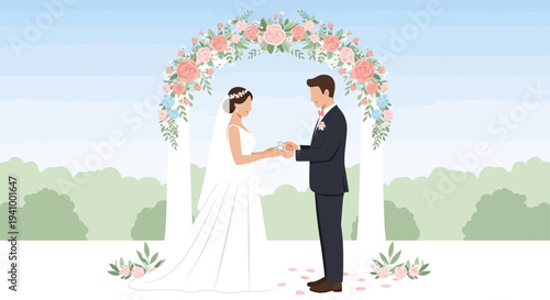 Bride and groom holding hands under floral wedding arch, outdoor ceremony