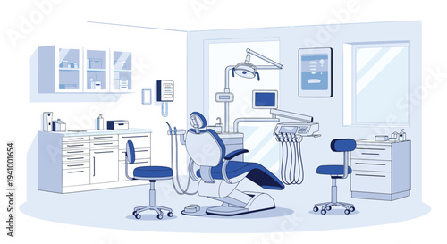 Clean and modern dental office interior featuring a professional chair, medical equipment, and organized cabinets.