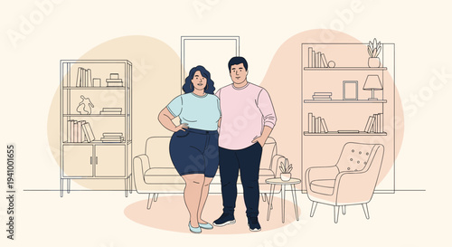 Confident plus size man and woman standing together in a stylish and cozy living room with bookshelves.