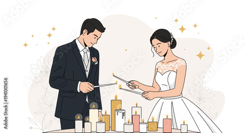 Bride and groom lighting candles at wedding ceremony, romantic celebration, unity ritual
