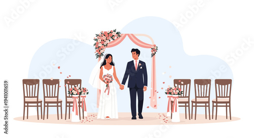 Bride and Groom Walking Down Aisle at Wedding Ceremony