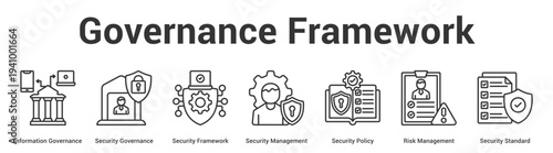 Governance Framework web banner icon set vector illustration concept for business with icon of Information Governance, Security Governance, Security Framework, Security Management, Security Policy, R.