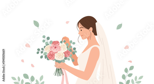Bride holding a beautiful bouquet of pink and white roses and eucalyptus leaves