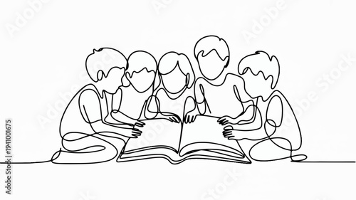 Four children sitting together reading a book in a line drawing style with simple faces