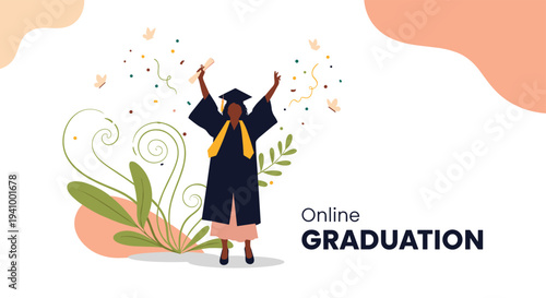Happy graduate in a black gown and cap celebrating with a diploma during a virtual graduation ceremony.