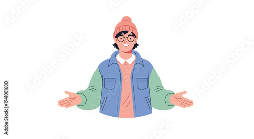 Illustration of a youthful person with glasses and a beanie, extending their arms outward in a welcoming gesture, wearing a stylish jacket with
