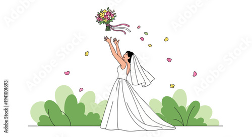 Bride throwing bouquet at wedding ceremony, petals falling, happy moment
