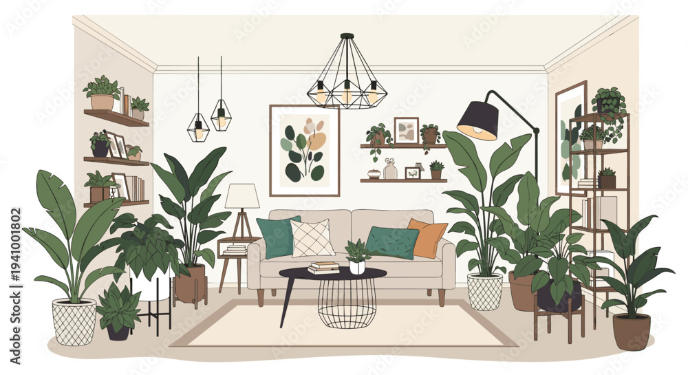 Fototapeta premium Modern living room interior design filled with various lush green indoor plants, stylish furniture, shelving, and minimalist decor.