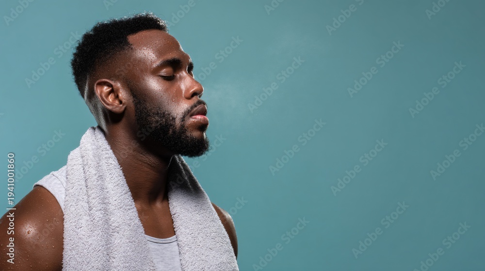 Obraz premium Fitness enthusiast exhaling sharply with towel around neck in gym environment focus on intensity and determination