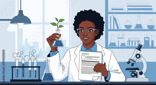 African American female scientist conducting botanical research while holding a glass flask with a growing plant in a laboratory setting.
