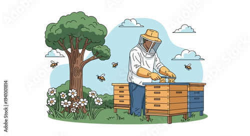 Professional beekeeper in protective clothing harvesting honey from wooden beehives in a sunny meadow with trees and flowers.