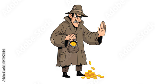 A Frugal Scoundrel Guarding His Treasure with a Stoic Expression and a Spilled Pouch of Gold Coins