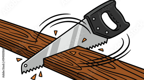 Hand saw cutting wood plank carpentry tool woodworking process construction equipment illustration isolated vector design