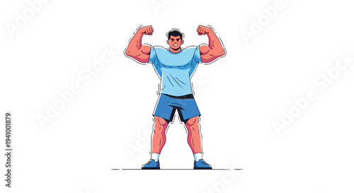 Muscular Man Demonstrating Strength with Biceps Flexed in a Stylized Cartoon Illustration