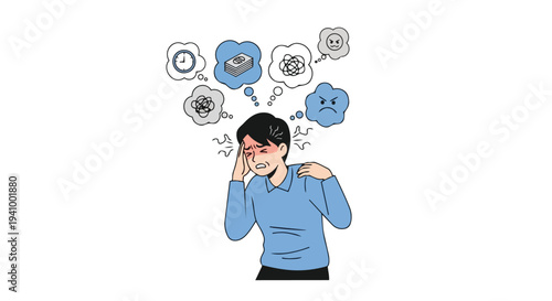 Illustrative depiction of a stressed individual overwhelmed by thoughts of deadlines, finances, and emotional turmoil, conveying mental strain and