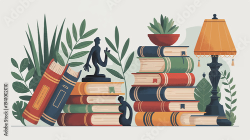 Cozy study nook with stacked books lamp plants and decorative statue on a table